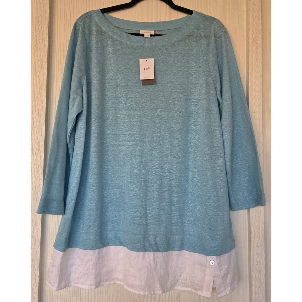 NWT J. Jill 100% Linen Lagenlook Tunic Top Sky Blue White M Coastal Lightweight